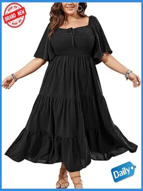 Women's Plus Size Maxi Dress Flutter Sleeve Square Neck Smocked Boho